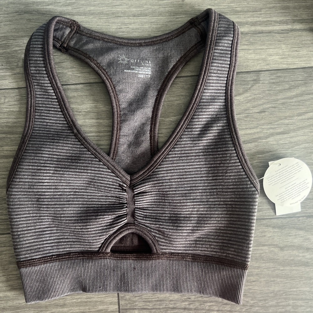 NWT‎ Aerie Offline Seamless V Neck Key Hole Gray Ribbed Sports Bra Size XXS